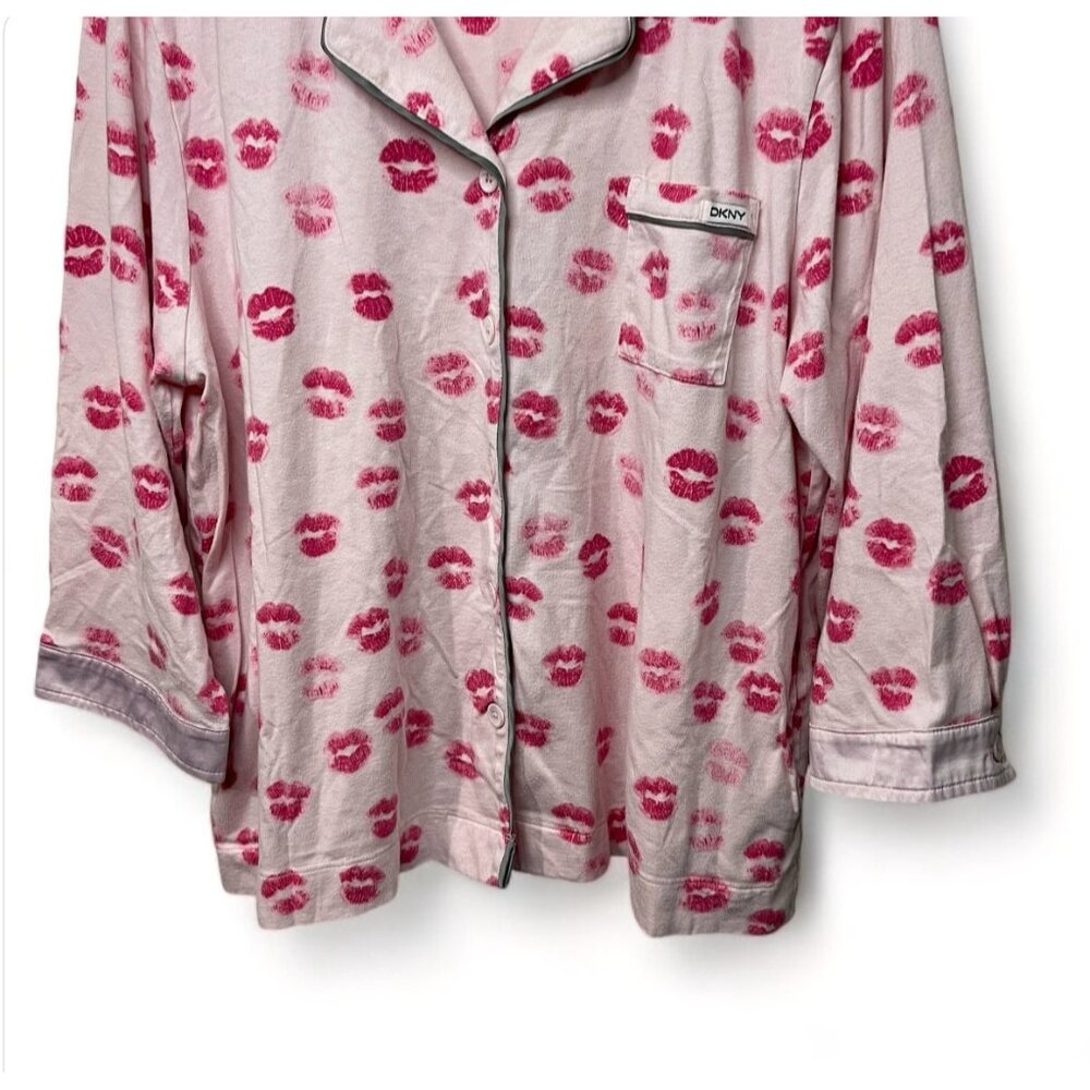 DKNY Womens XL Pink Kiss Print Pajama Top Cotton & Modal Long Sleeve Button-Up - Picture 3 of 9
